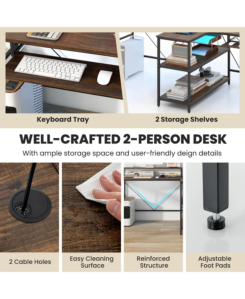 2-Person Reversible Computer Desk Long Office with Led Lights