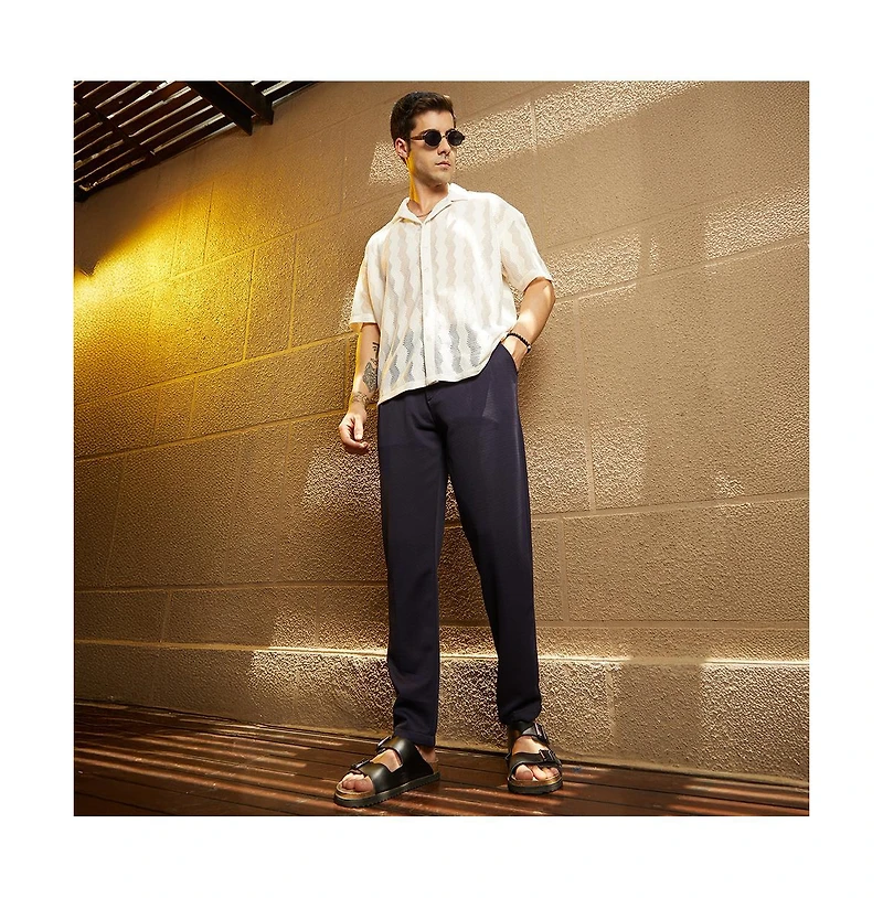 Campus Sutra Men's Navy Blue Micro-Waffle Chino Trousers