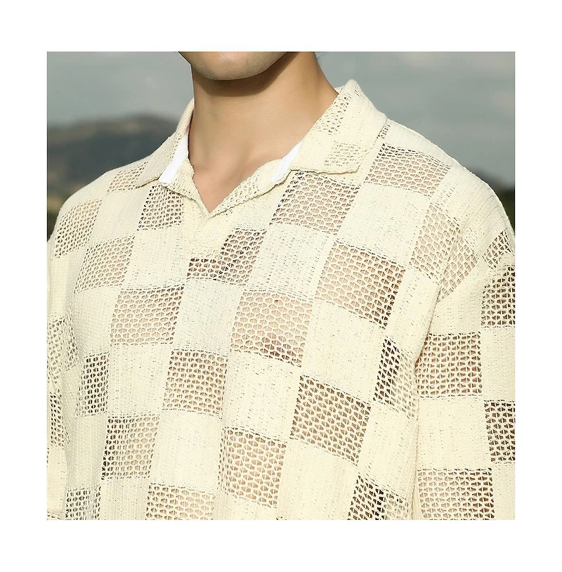 Campus Sutra Men's Saltbox Beige Grid Oversized Polo T-Shirt