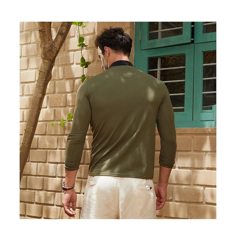 Campus Sutra Men's Olive Green & Obsidian Black Textured Cuban Polo T-Shirt
