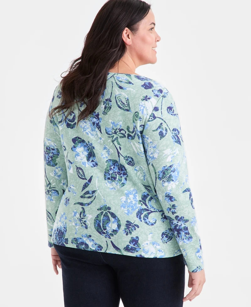 Style & Co Plus Printed Scoop-Neck Long-Sleeve Top