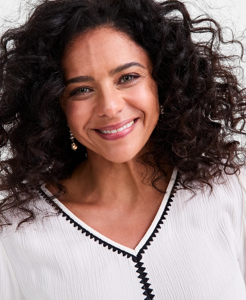 Style & Co Women's V-Neck Contrast-Trim 3/4-Sleeve Blouse