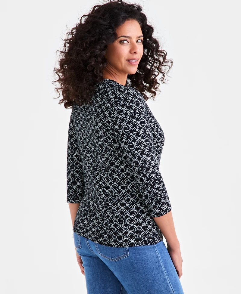Style & Co Petite Printed 3/4-Sleeve Henley Knit Top, Exclusively at Macy's