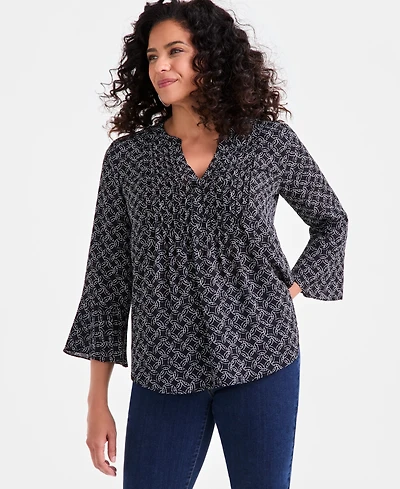 Style & Co Women's Printed Pintuck Ruffle Sleeve Top, Exclusively at Macy's