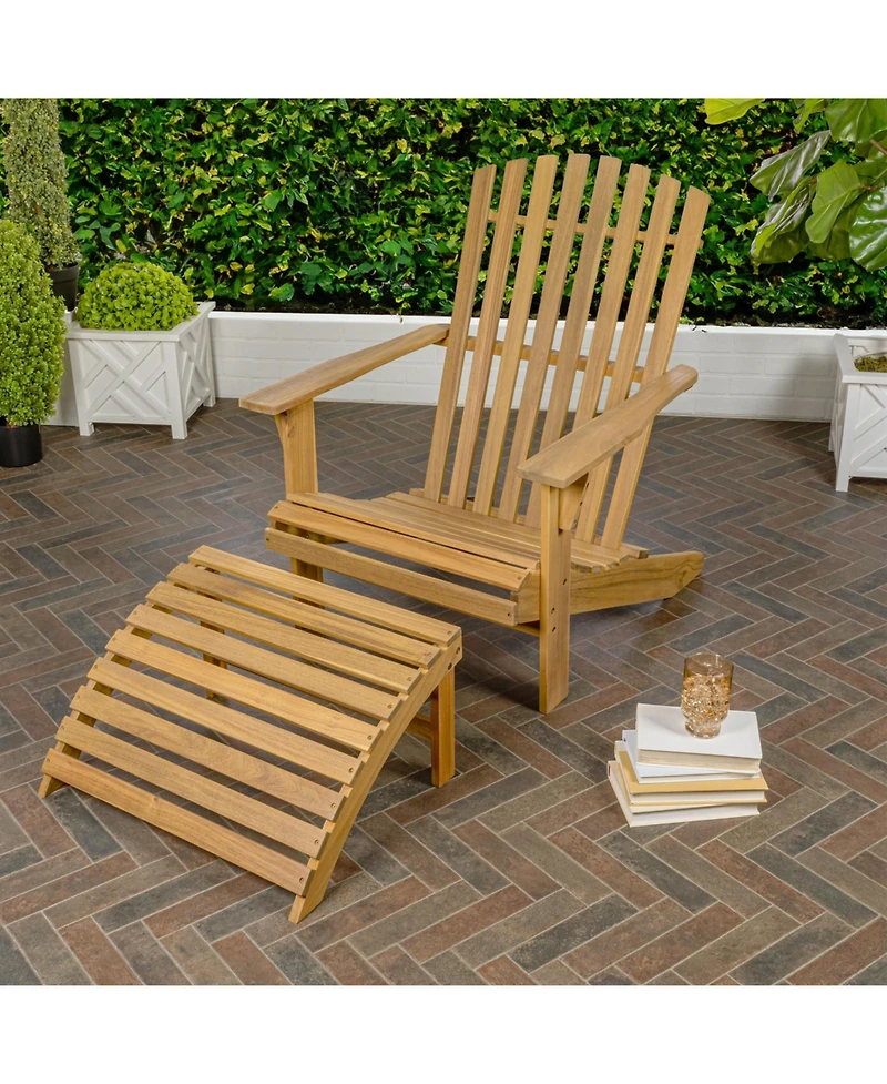 Saranac 2-Piece Traditional Rustic Acacia Wood Adirondack Chair with Detachable Ottoman, Cashmere Blue