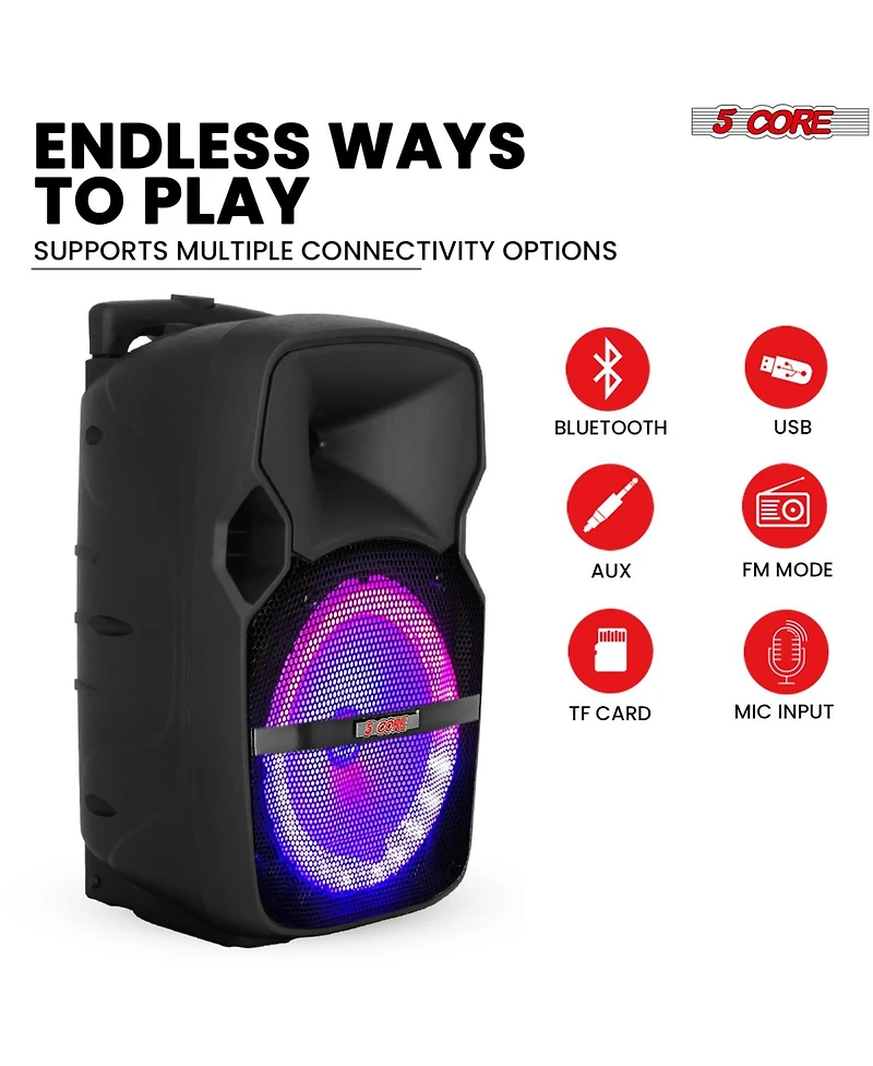 5 Core 10 Inch Pair Tws Pair Bluetooth Party Speakers 400 Watt Portable Karaoke Pa System Rechargeable Loudspeaker + Tripod Stand x Wireless Mics Led