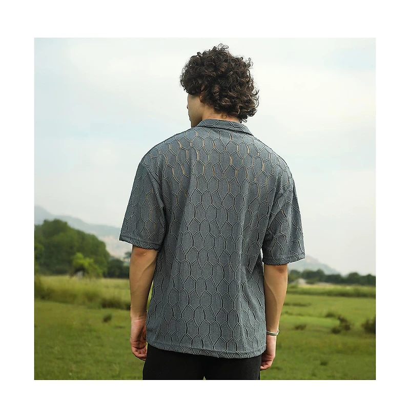 Campus Sutra Men's Moon Grey Honeycomb-Knit Polo T-Shirt