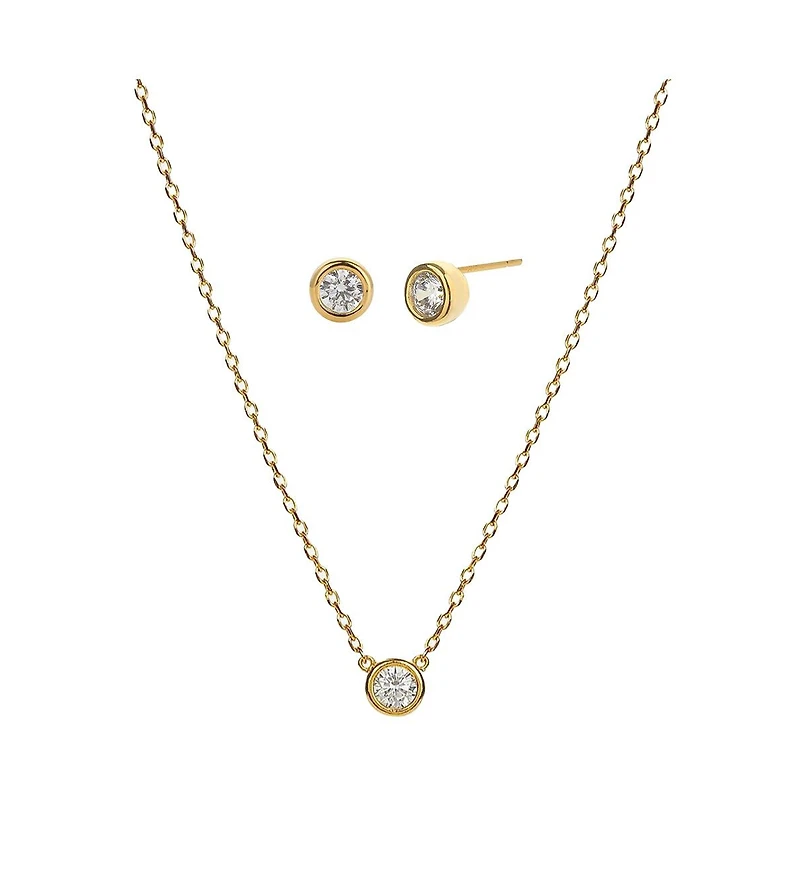 Sterling Silver 18k Gold Plated Single Round Pendant Margot Necklace & Stud Earrings Set