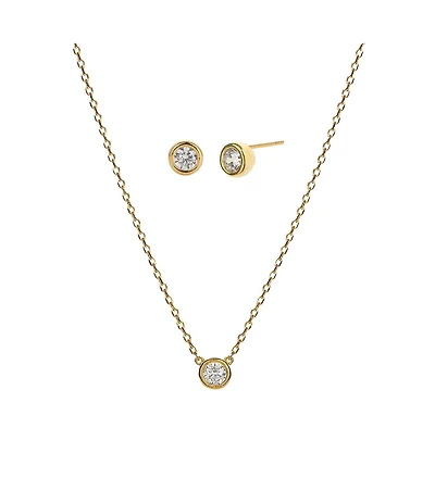 Sterling Silver 18k Gold Plated Single Round Pendant Margot Necklace & Stud Earrings Set