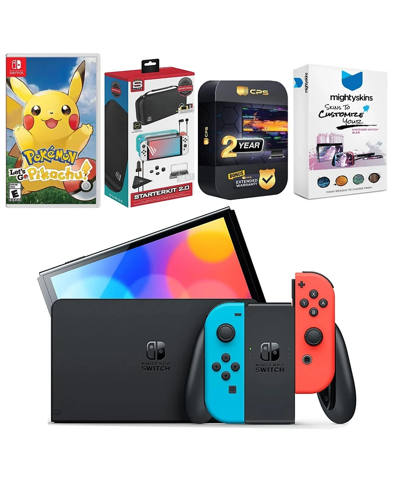 Nintendo Switch Neon Red & Blue Oled Console with Pokemon Let's Go, Pikachu! Edition, Surge Accessory Gaming Kit