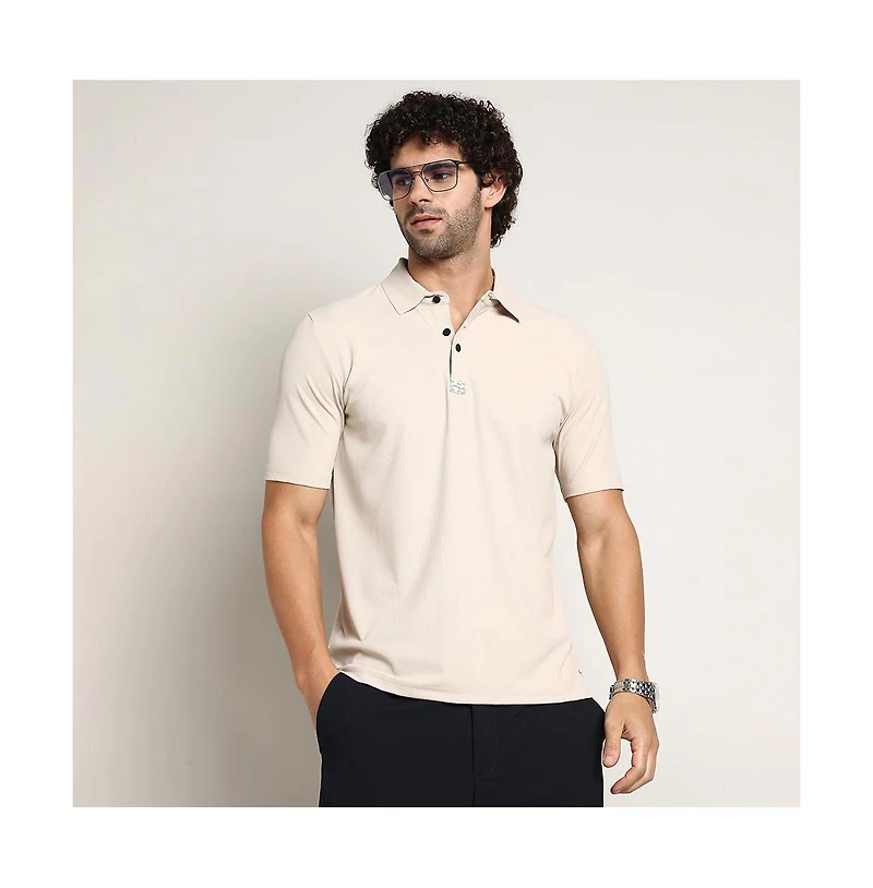 Campus Sutra Men's Saltbox Beige Seamless Ribbed Polo T-Shirt