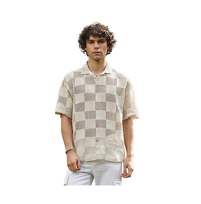 Campus Sutra Men's Off-White Grid Oversized Polo T-Shirt