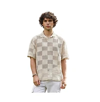 Campus Sutra Men's Off-White Grid Oversized Polo T-Shirt