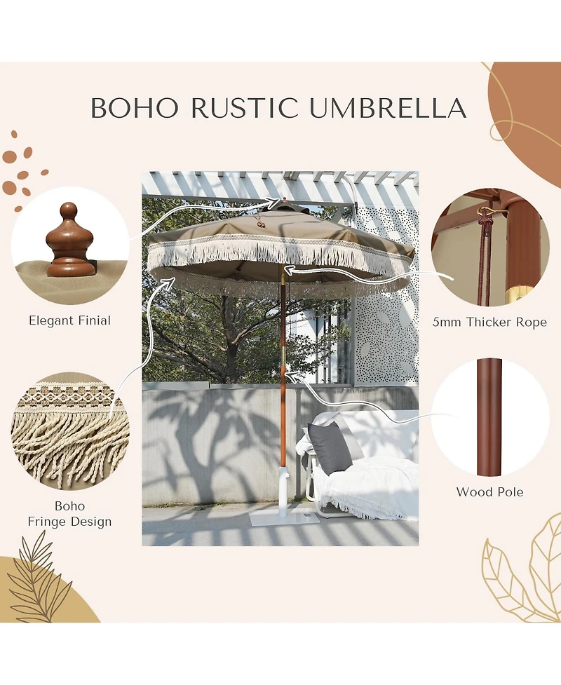 LAGarden Boho 9' Fringe Patio Umbrella with Tassels UPF50+ Boho Style 5-Year-Non-Fading for Outdoor Yard Market Mocha Meander