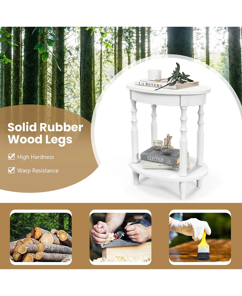 2-Tier Oval Side Table with Storage Shelf and Solid Wood Legs