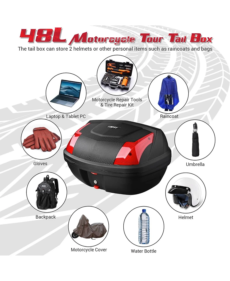 Ahr 48L Motorcycle Tour Tail Box Scooter Trunk Storage Lock Carrier Case for Helmet