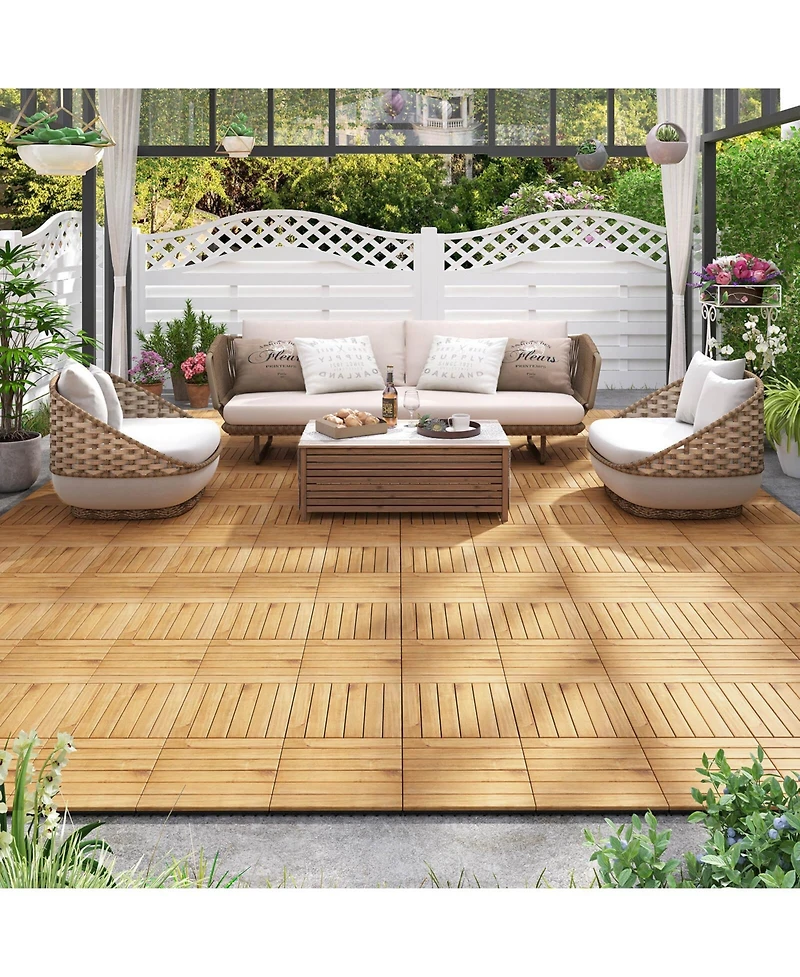 Costway 30 Pcs Acacia Wood Flooring Tiles 12" x 12" Snap-in-place Patio Tiles for Porch
