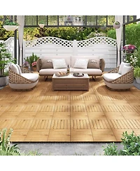 Costway 30 Pcs Acacia Wood Flooring Tiles 12" x 12" Snap-in-place Patio Tiles for Porch