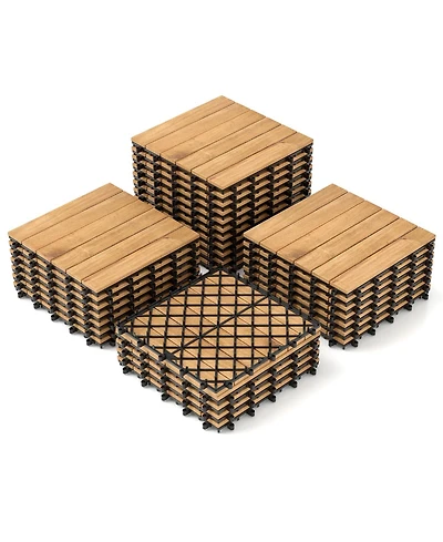 Costway 30 Pcs Acacia Wood Flooring Tiles 12" x 12" Snap-in-place Patio Tiles for Porch