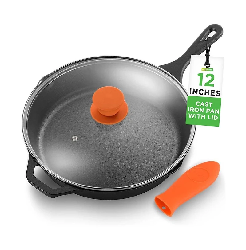 NutriChef 12'' Pre-Seasoned Cast Iron Pan with Glass Lid & Silicone Handle NCCI12