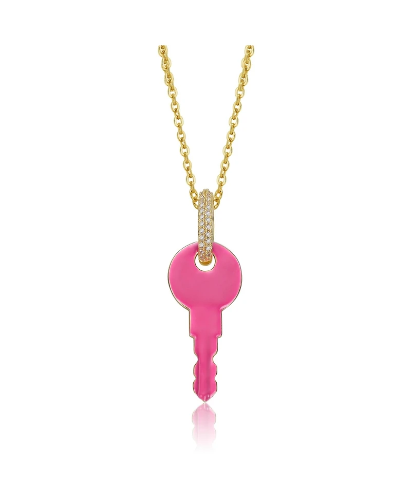 14K Gold Plated with Pink Enamel & Clear Cubic Zirconia Key Pendant Necklace