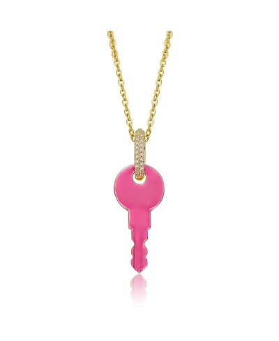 14K Gold Plated with Pink Enamel & Clear Cubic Zirconia Key Pendant Necklace