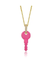 14K Gold Plated with Pink Enamel & Clear Cubic Zirconia Key Pendant Necklace