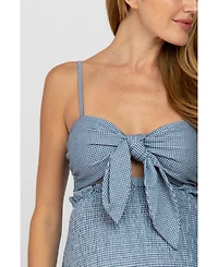 Pinkblush Maternity Blue Gingham Print Smocked Fitted Self-Tie Midi Dress