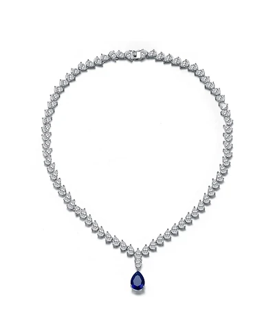 White Gold Plated with Blue and Clear Cubic Zirconia Statement Necklace