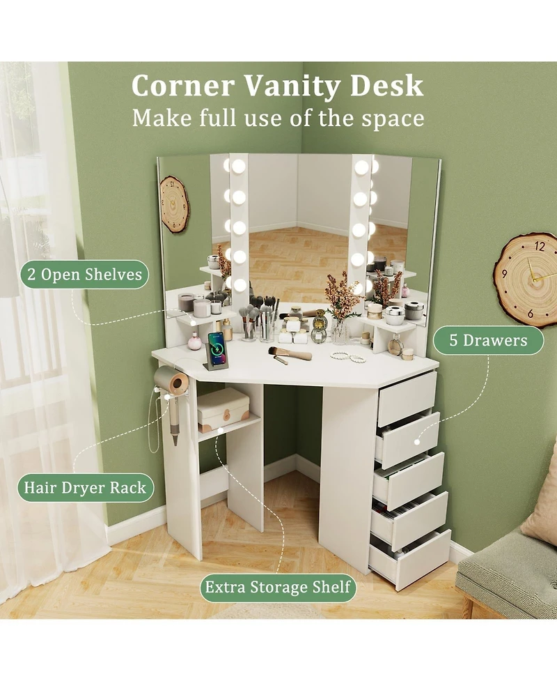 Corner Vanity Desk with 3-Color Led Lighted Mirror and Power Outlet