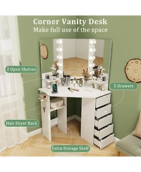 Corner Vanity Desk with 3-Color Led Lighted Mirror and Power Outlet