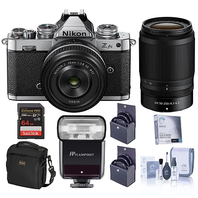 Nikon Z fc Dx-Format Mirrorless Camera, Silver, with 28mm f/2.8 and 50-250mm f/4.5-6.3 Lens, Bundle with Zoom-Mini Ttl R2 Flash, 64GB Memory Card, Bag