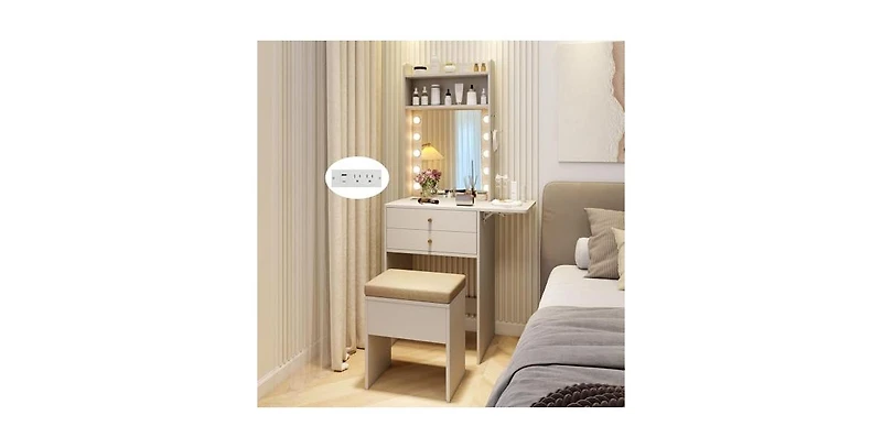 Compact Vanity Desk Set with 3-Color Lighted Mirror and Power Outlets