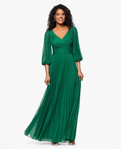 Betsy & Adam Women's Pleated Balloon-Sleeve Long Dress