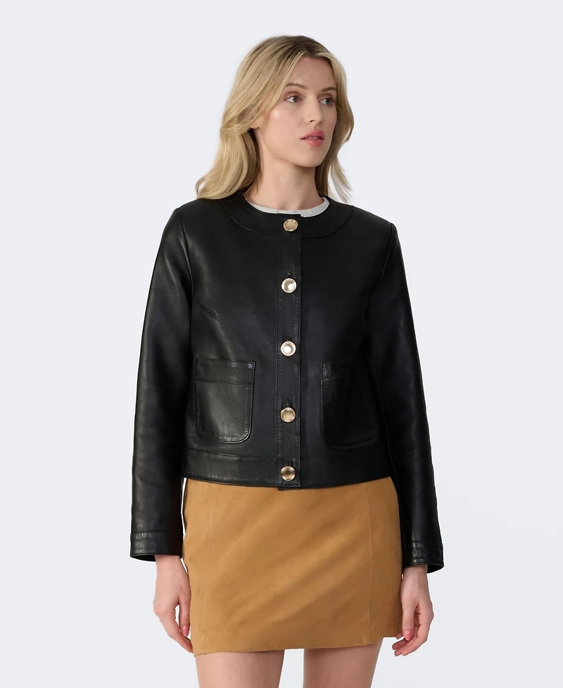 Furniq Uk Women's Cropped Leather Jacket With Gold Buttons, Created for Macy s