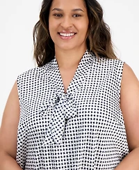 Kasper Plus Diamond-Print Tie-Neck Top