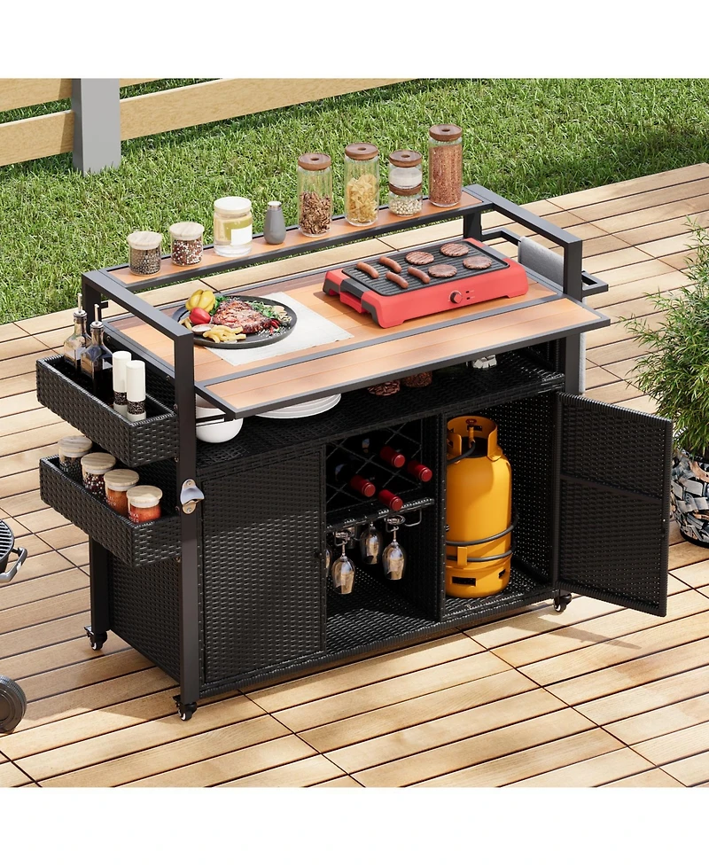 Wicker Grill Cart with Table Top & Storage - Outdoor Kitchen