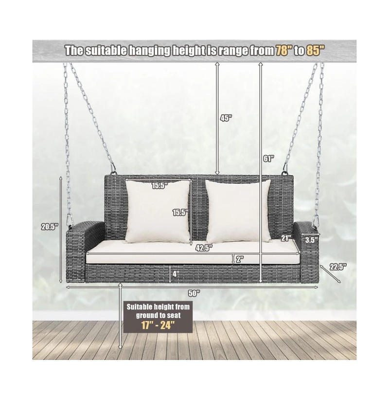 2-Person Patio Pe Wicker Hanging Porch Swing Bench Chair Cushion 800 Pounds