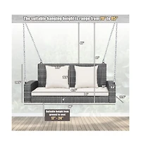 2-Person Patio Pe Wicker Hanging Porch Swing Bench Chair Cushion 800 Pounds