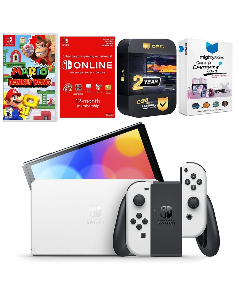Nintendo Switch White Oled Console with Mario vs. Donkey Kong, Nso 12 Month Family Membership, MightySkins Console and Controller Skin Voucher, and 2