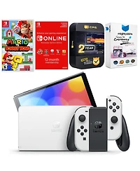 Nintendo Switch White Oled Console with Mario vs. Donkey Kong, Nso 12 Month Family Membership, MightySkins Console and Controller Skin Voucher, and 2