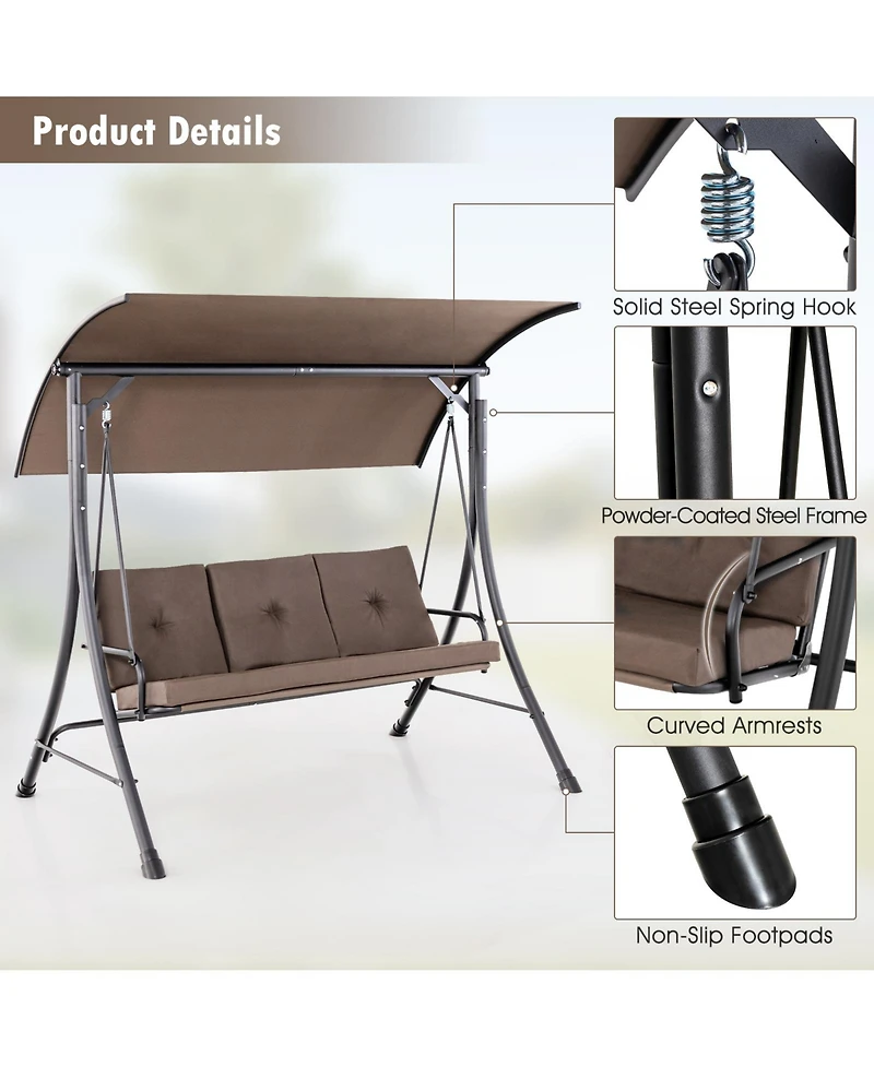 Gymax 3-Seat Outdoor Porch Swing w/ Adjustable Canopy Thickened Cushions Metal Frame