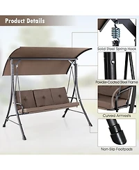 Gymax 3-Seat Outdoor Porch Swing w/ Adjustable Canopy Thickened Cushions Metal Frame