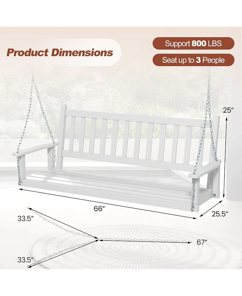 Gymax 5FT Wooden 3-Person Porch Swing Chair w/ Adjustable Galvanized Metal Chains