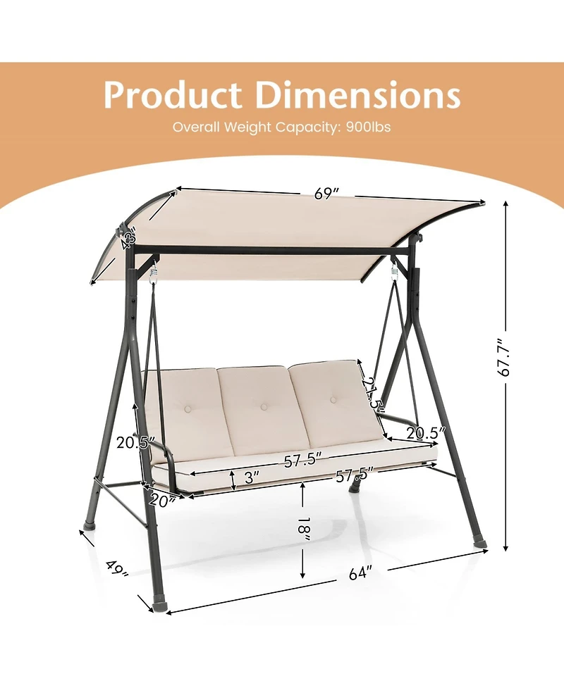Gymax 3PCS Hammock Chair Patio Porch Swing w/ Adjustable Canopy Removable Pads