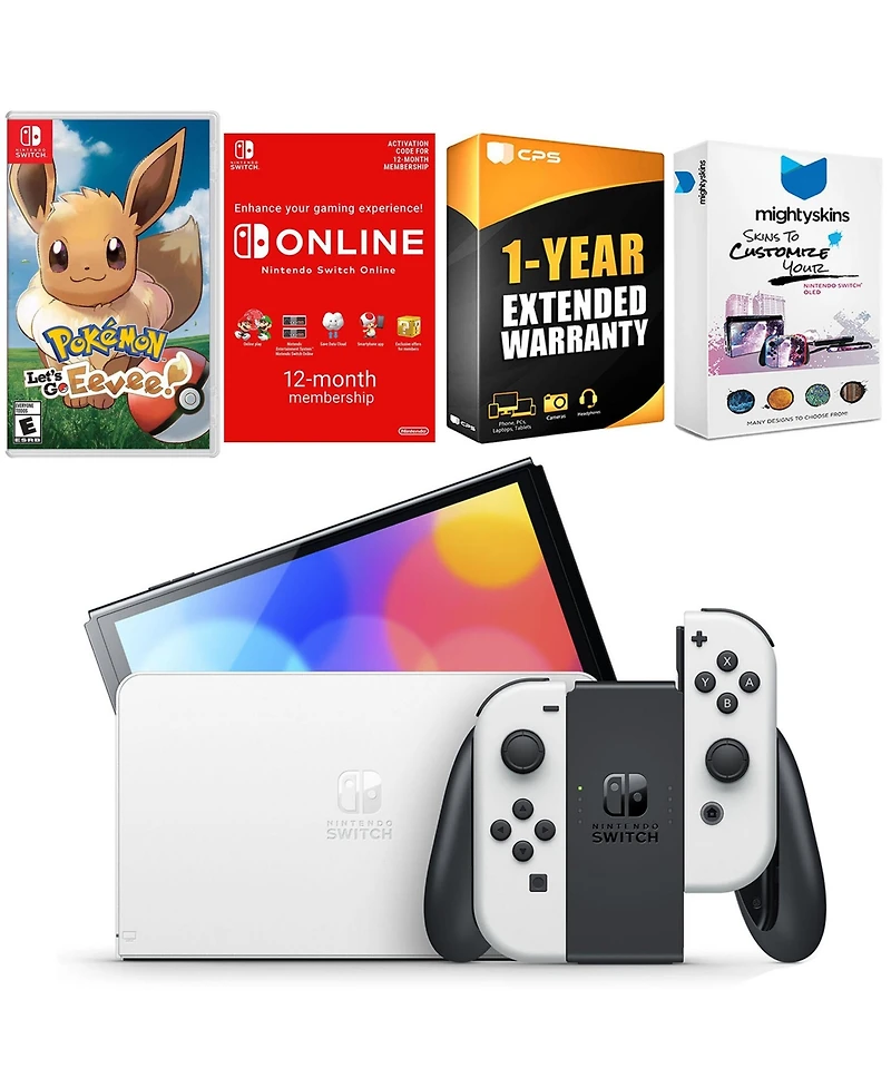 Nintendo Switch White Oled Console with Pokemon Let's Go, Eevee!, Nso 12 Month Family Membership, MightySkins Console and Controller Skin Voucher