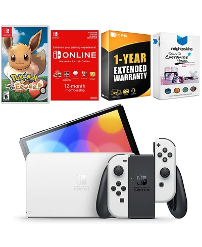 Nintendo Switch White Oled Console with Pokemon Let's Go, Eevee!, Nso 12 Month Family Membership, MightySkins Console and Controller Skin Voucher