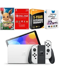 Nintendo Switch White Oled Console with Pokemon Let's Go, Eevee!, Nso 12 Month Family Membership, MightySkins Console and Controller Skin Voucher