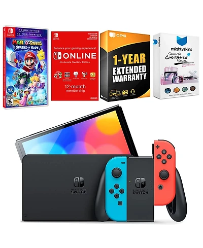 Nintendo Switch Neon Red & Blue Oled Console with Mario + Rabbids Sparks of Hope Cosmic Edition, Nso 12 Month Family Membership