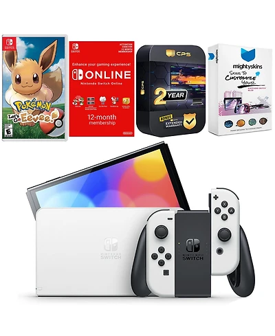 Nintendo Switch White Oled Console with Pokemon Let's Go, Eevee!, Nso 12 Month Family Membership, MightySkins Console and Controller Skin Voucher, and